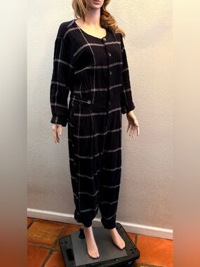 Free People Black Windowpane Button-Front Jumpsuit